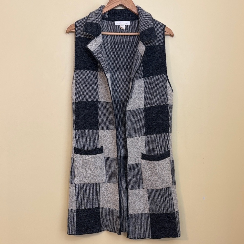 Monteau LA Black Gray Buffalo Check Open Front Cardi Duster Knit Sweater Vest S